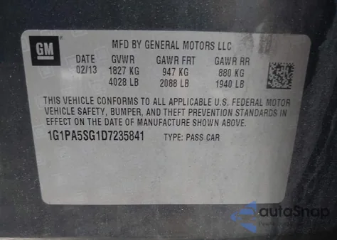 2013 Chevrolet Cruze Ls Auto из США, поврежденный, VIN 1G1PA5SG1D7235841